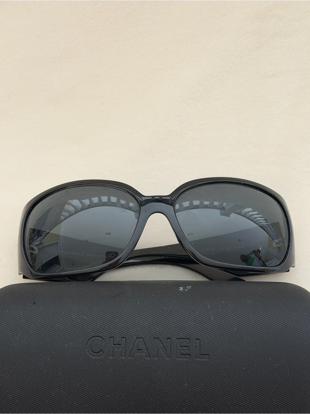 CHANEL Black Shield Sunglasses with Crystal Logo Detail - Picture 5 of 9